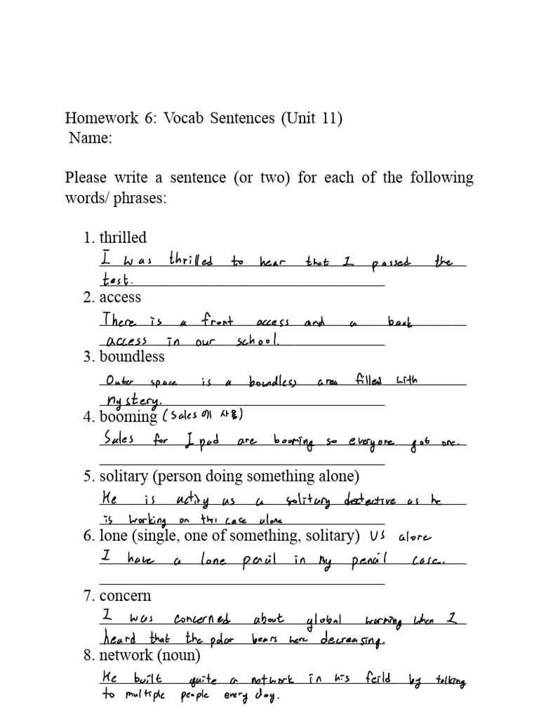 Hwk6 Vocab Sentences Unit11 | PDF | Vocabulary | Morphology