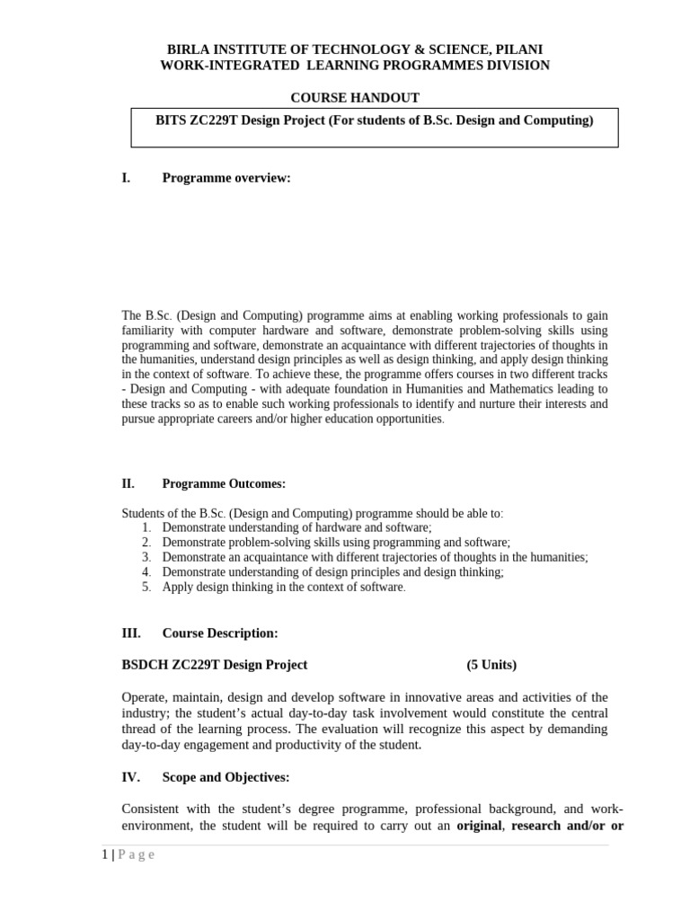 BITSZC229T Design Project Handout | PDF | Thesis | Thought