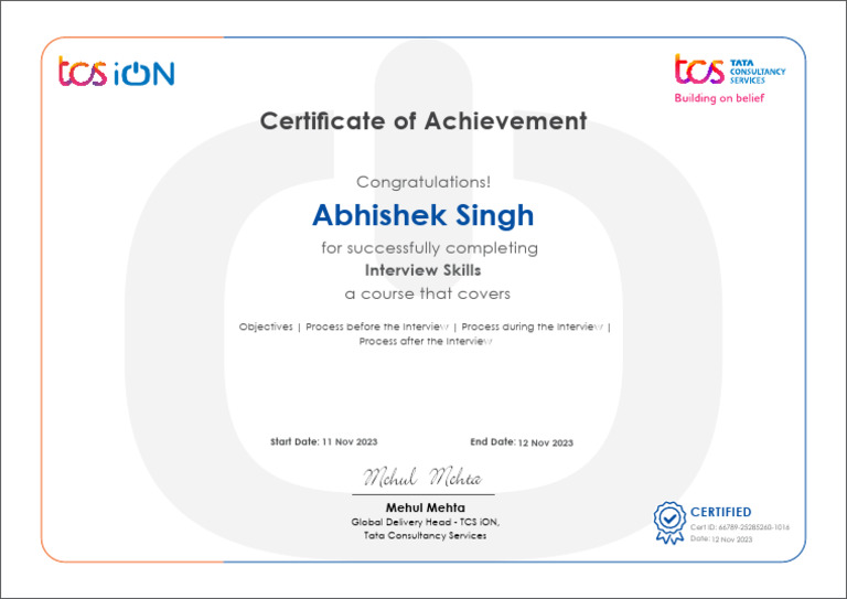 Abhishek_Singh TCS interview certificate | PDF