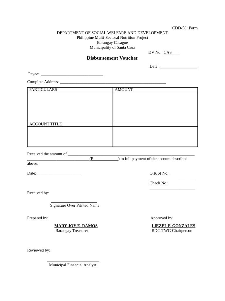 Disbursement Voucher Template for DSWD | PDF