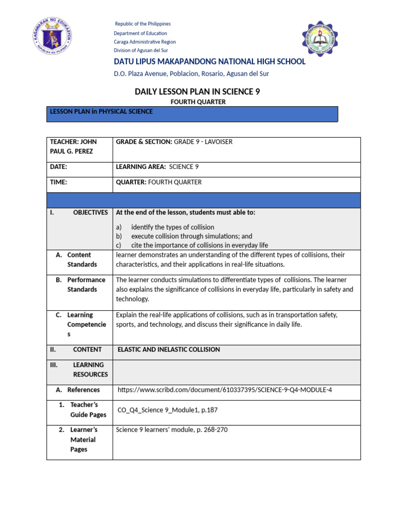 Grade 9 Science: Collisions Lesson Plan | PDF | Collision | Physics