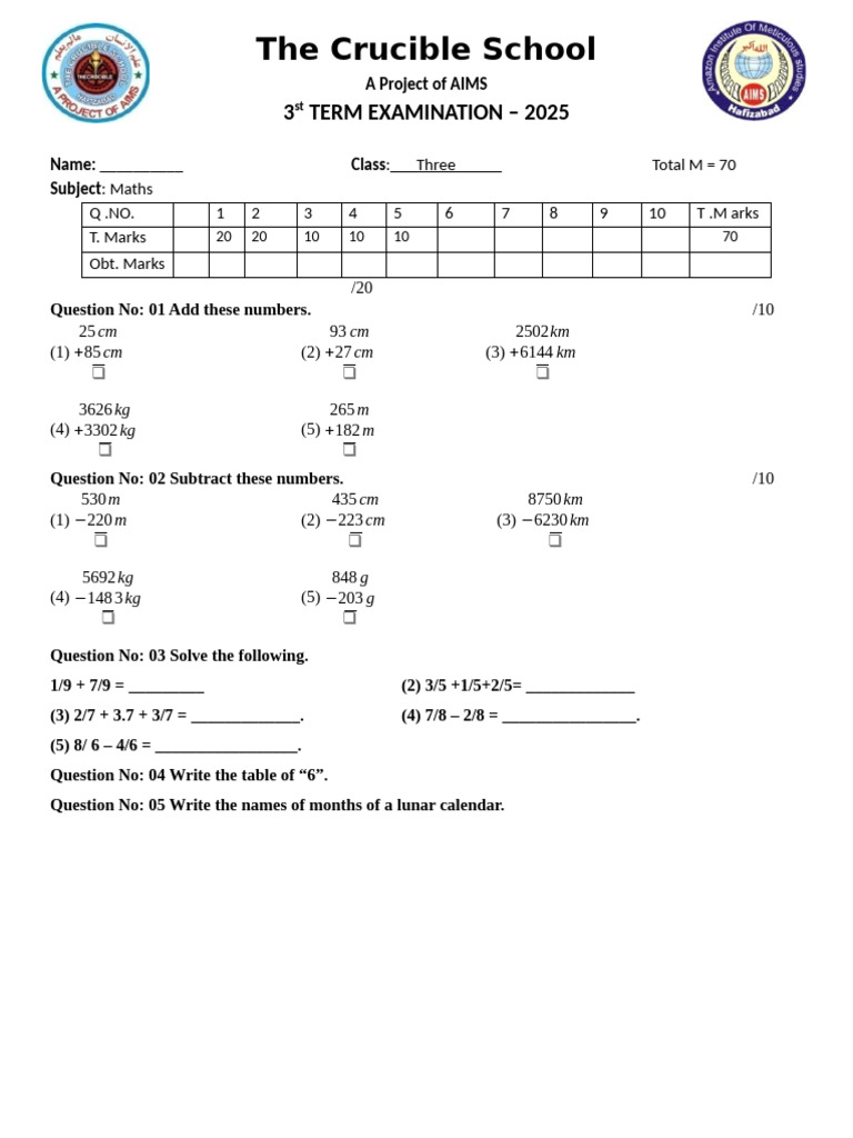 2025 Maths Exam for Class Three | PDF