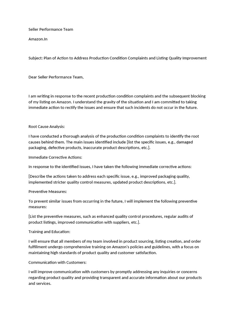 Plan of Action To Address Production Condition Complaints and Listing ...