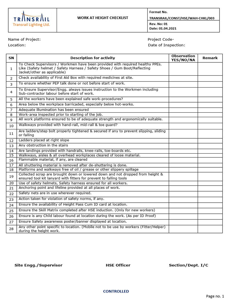 Work at Height Checklist | PDF