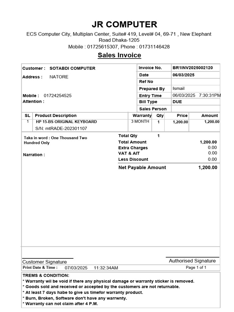 Sales Invoice for HP Keyboard Purchase | PDF