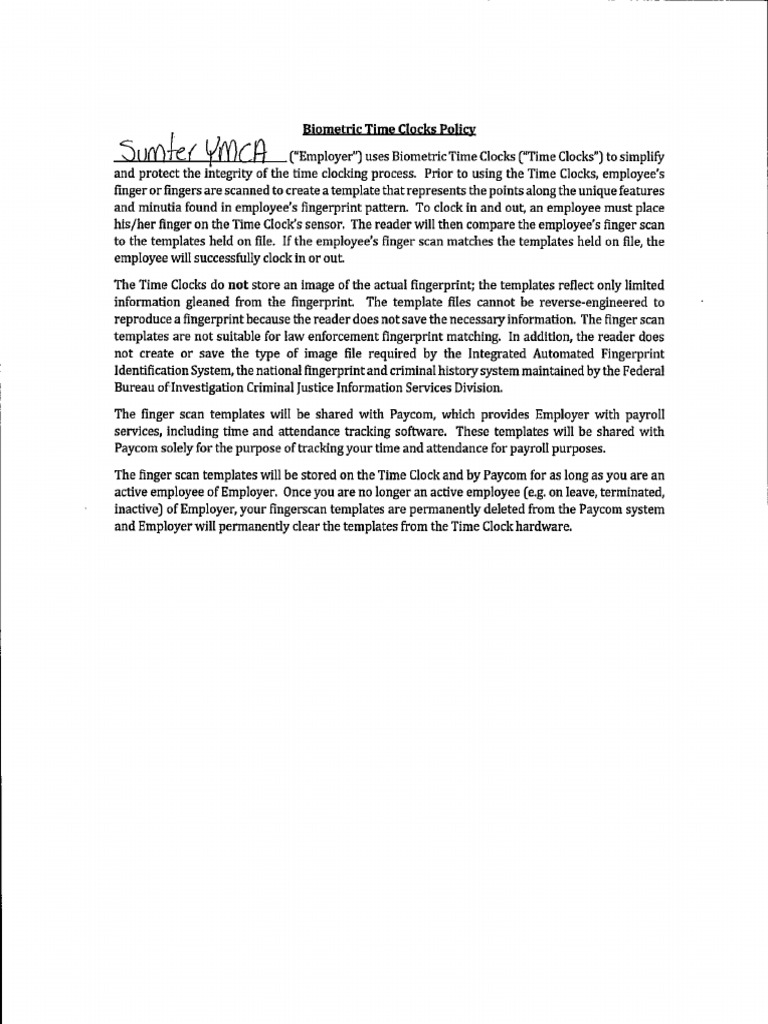 Biometric Time Clocks Policy | PDF