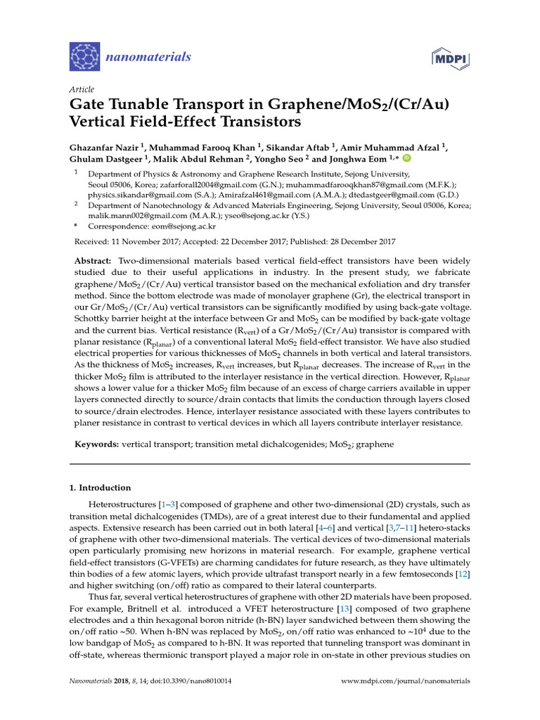 Gate Tunable Graphene/MoS2 VFETs | PDF | Graphene | Chemical Vapor ...