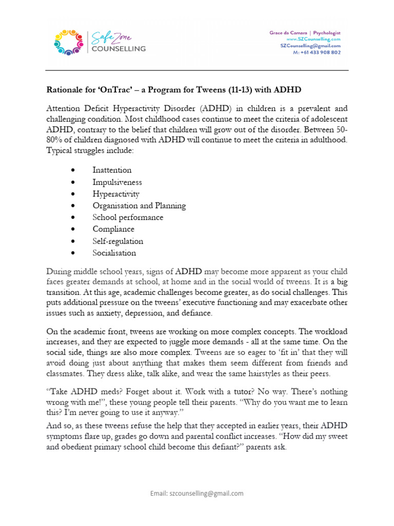 OnTrac Program for Tweens with ADHD | PDF | Attention Deficit ...