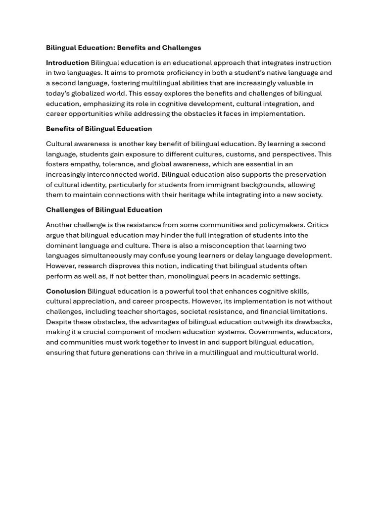 Benefits and Challenges of Bilingual Education | PDF