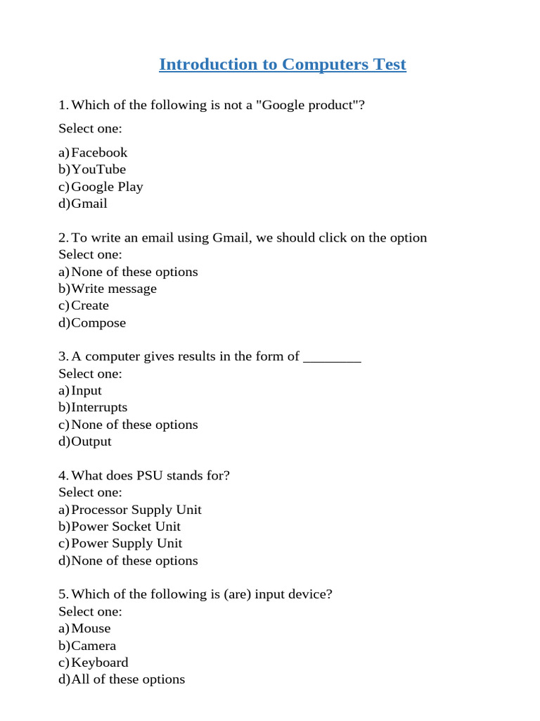 Introduction To Computers Test Pdf Input Output Gmail