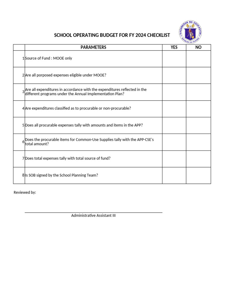 FY 2024 School Budget Checklist | PDF