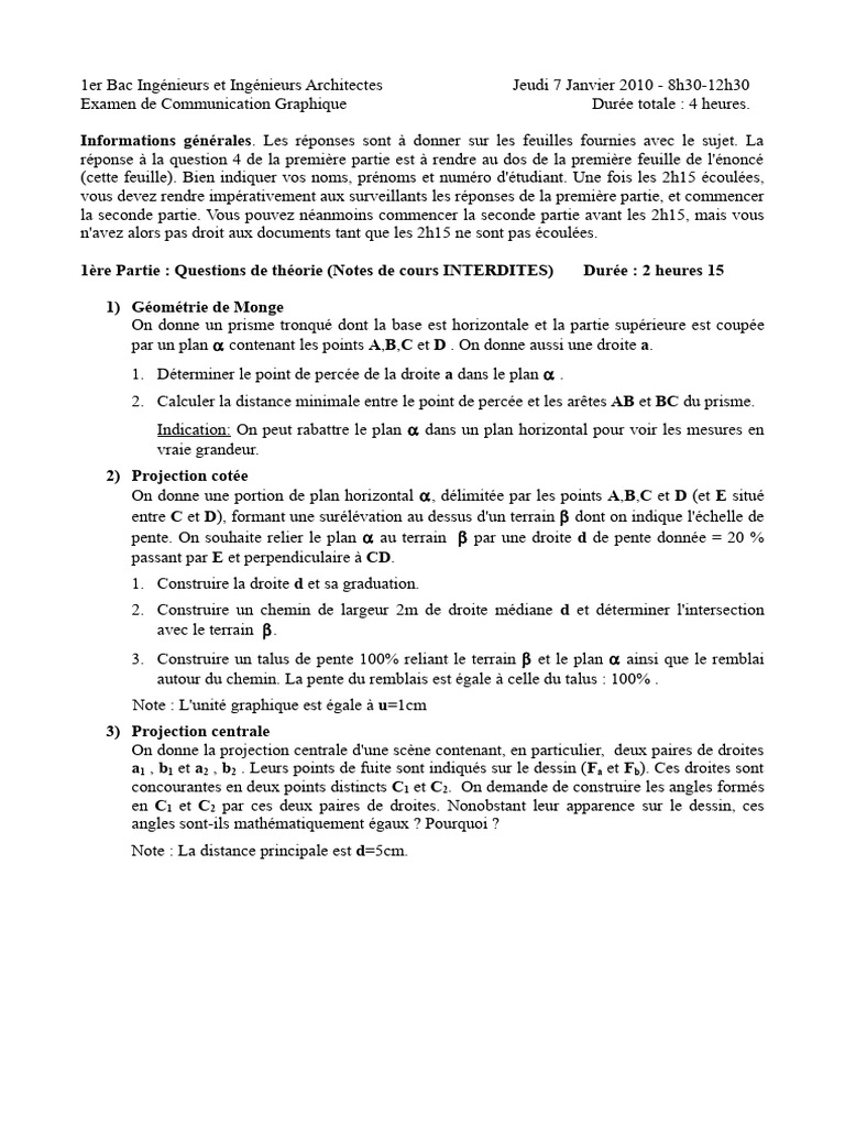 Examen Communication Graphique Bac 1 | PDF | Mathématiques | Géométrie ...