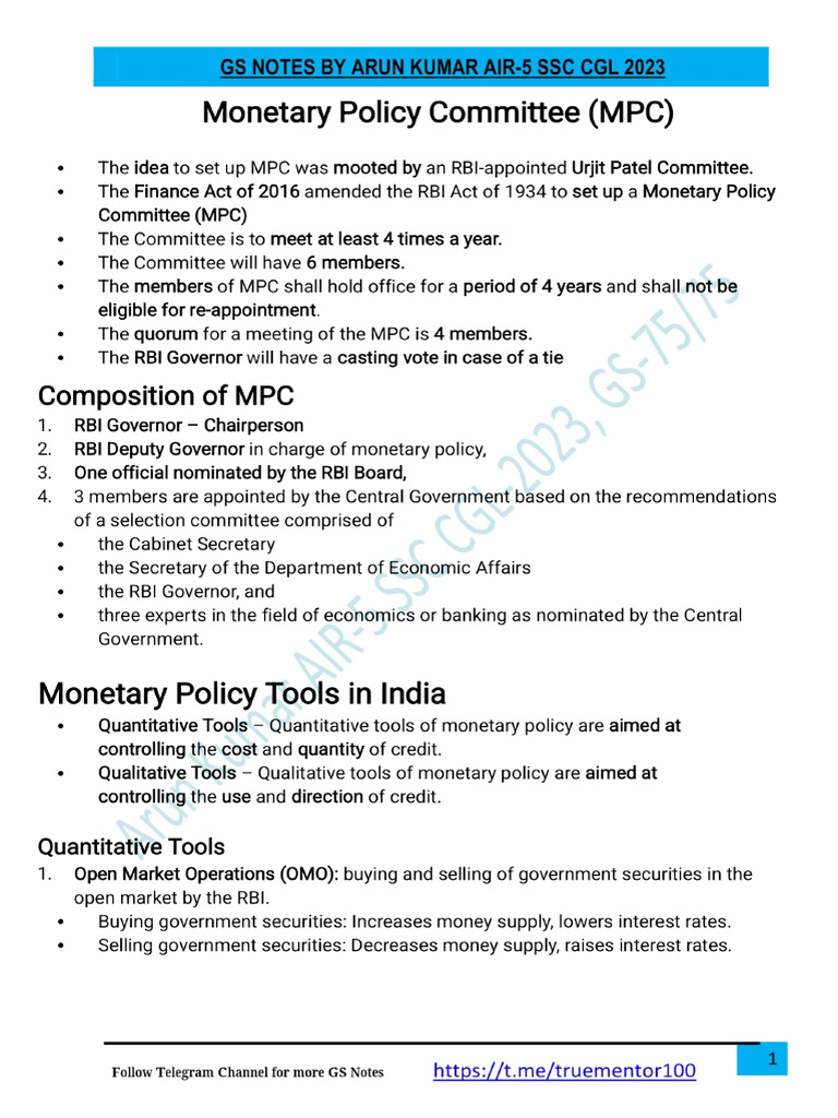 Monetary Policy Notes by Arun Kumar AIR-5 | PDF