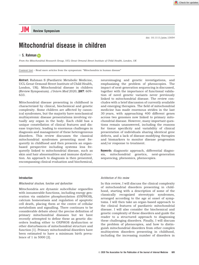 Journal of Internal Medicine - Mitochondrial disease in children | PDF ...