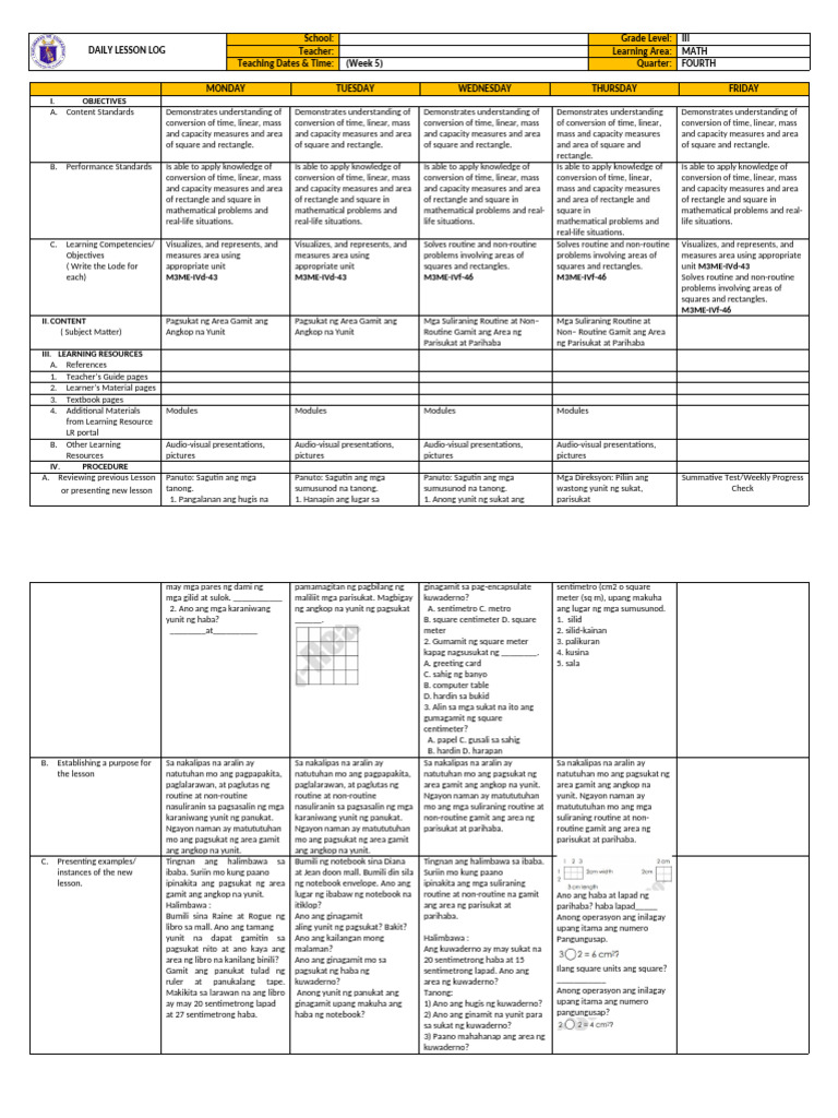 Q4 - Math - DLL - Week 5 | PDF