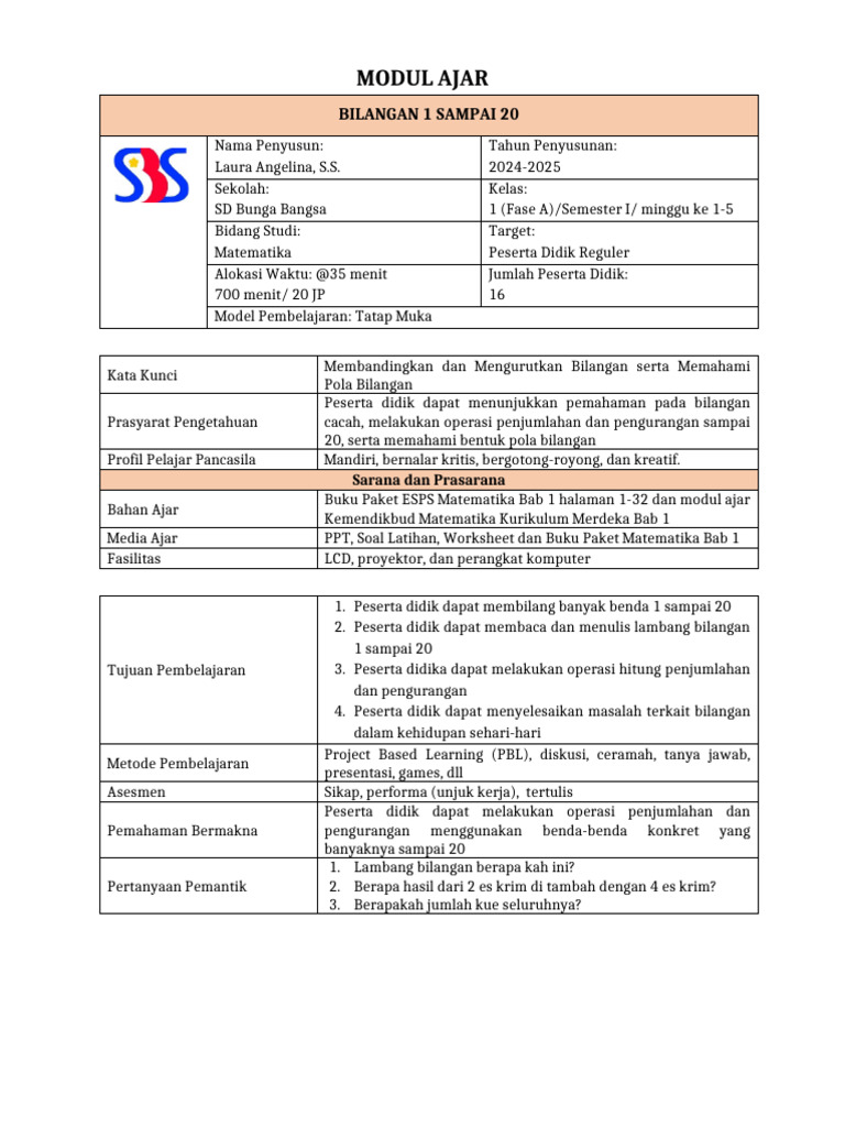 Modul Ajar Matematika Kelas 1 | PDF
