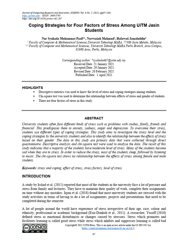 Coping Strategies For Four Factors of Stress Among UiTM Jasin Students ...