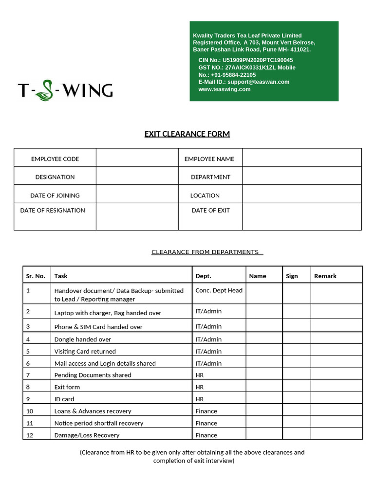 Employee Exit Clearance Form | PDF | Access Control