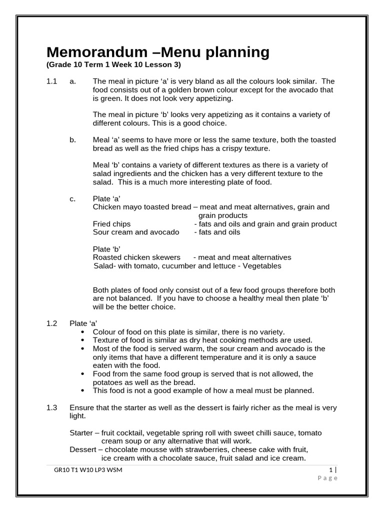 Memorandum - Menu Planning: (Grade 10 Term 1 Week 10 Lesson 3) | PDF ...