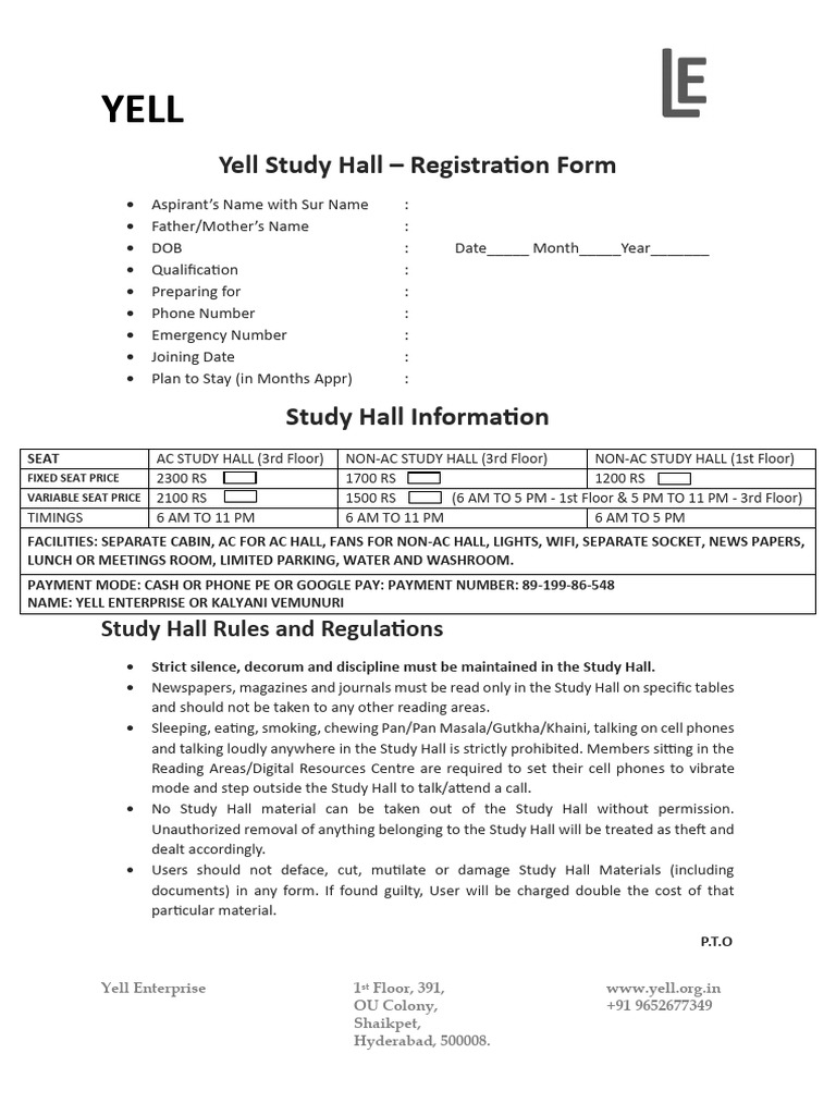 Yell Study Hall Registration Form | PDF