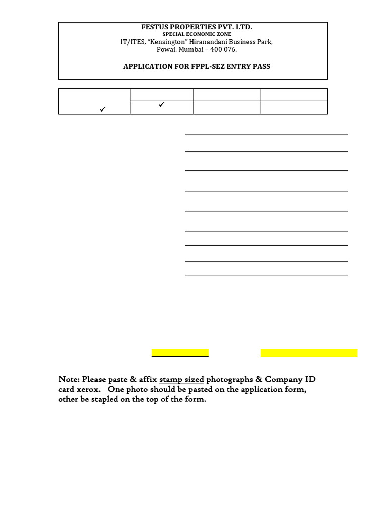 SEZ Entry Pass Application Form | PDF
