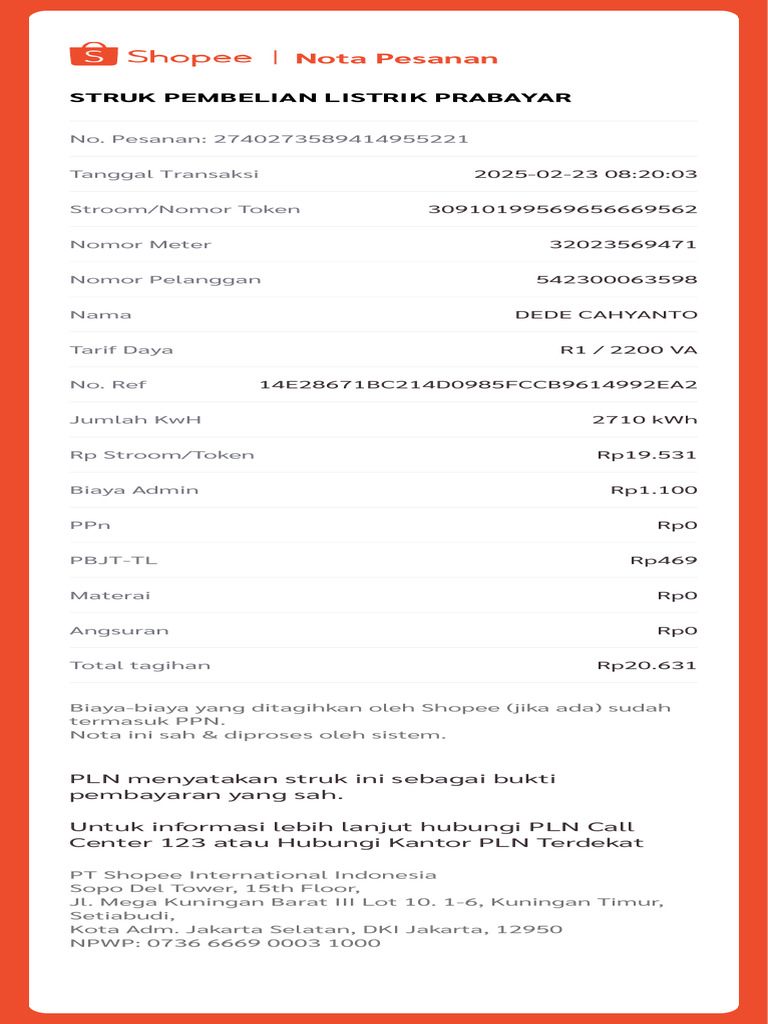 Nota Pembayaran Listrik Prabayar 2025 | PDF