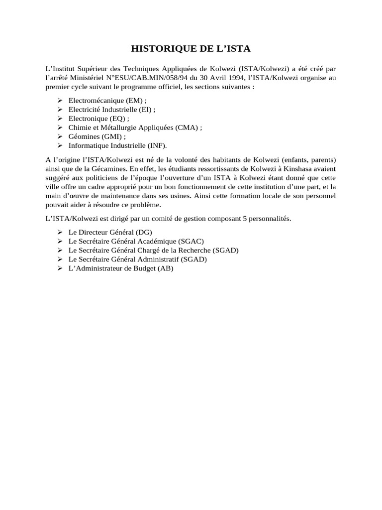 Historique de l'ISTA Kolwezi | PDF