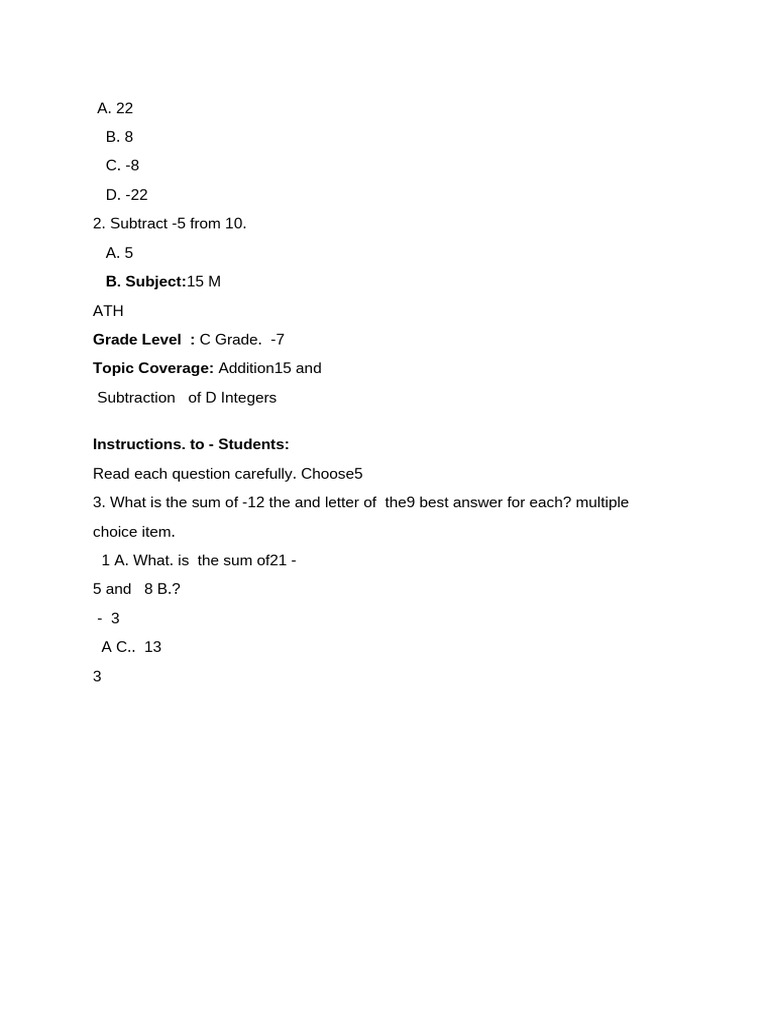 Integer Addition and Subtraction Quiz | PDF | Subtraction | Arithmetic