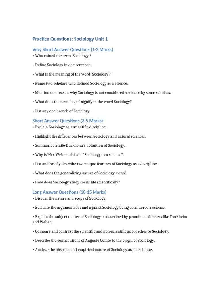 Sociology Unit 1 Practice Questions | PDF