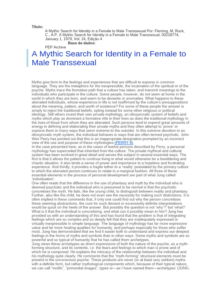 Myth and Identity in Transsexual Experience | PDF | Dionysus | Carl Jung