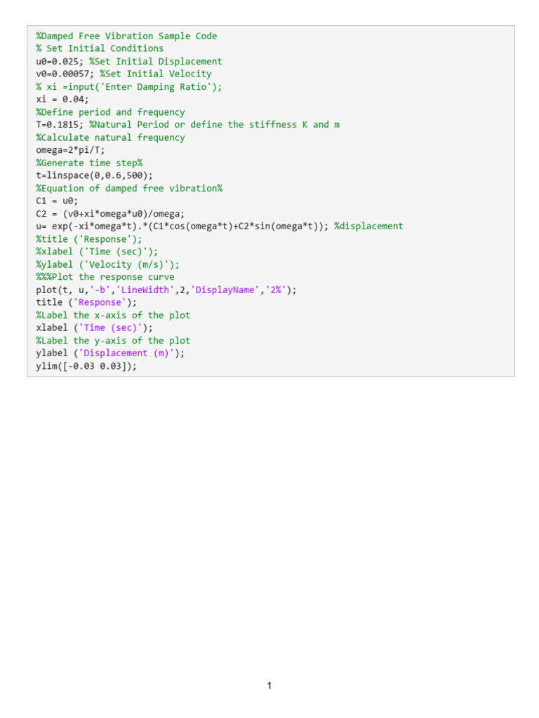 Damped Free Vibration Simulation Code | PDF
