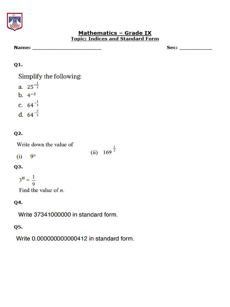 Grade IX Math: Indices & Standard Form | PDF