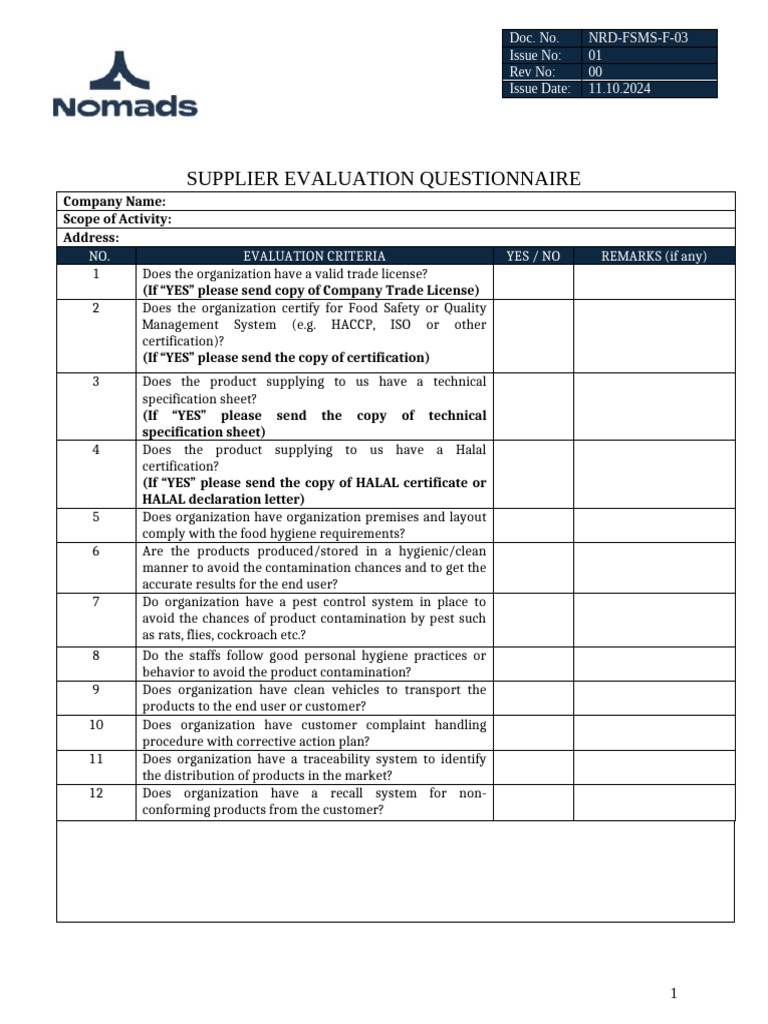 NRD-F-03 - Supplier Evaluation Questionnaire | PDF | Specification ...