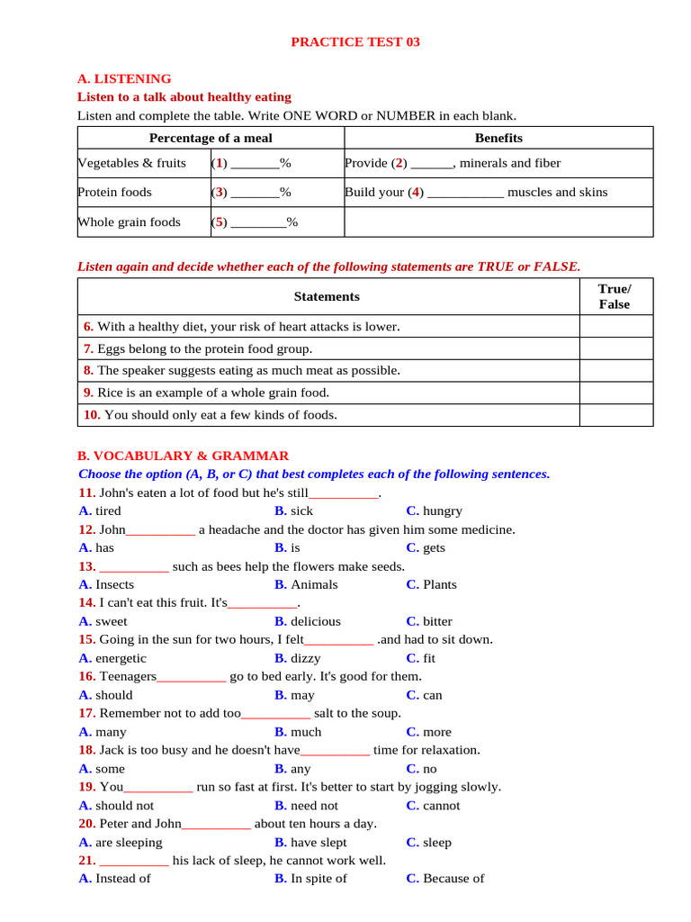 PRACTICE TEST 03 | PDF | Foods