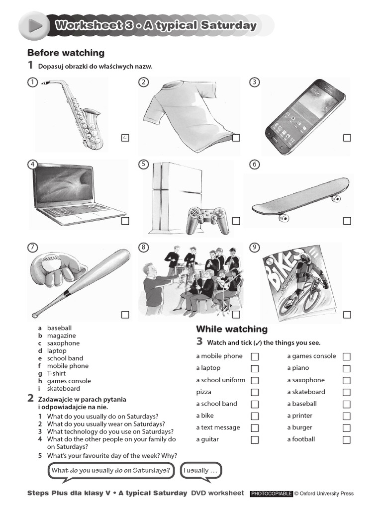 Steps Plus dla klasy V DVD Worksheet A typical Saturday PDF