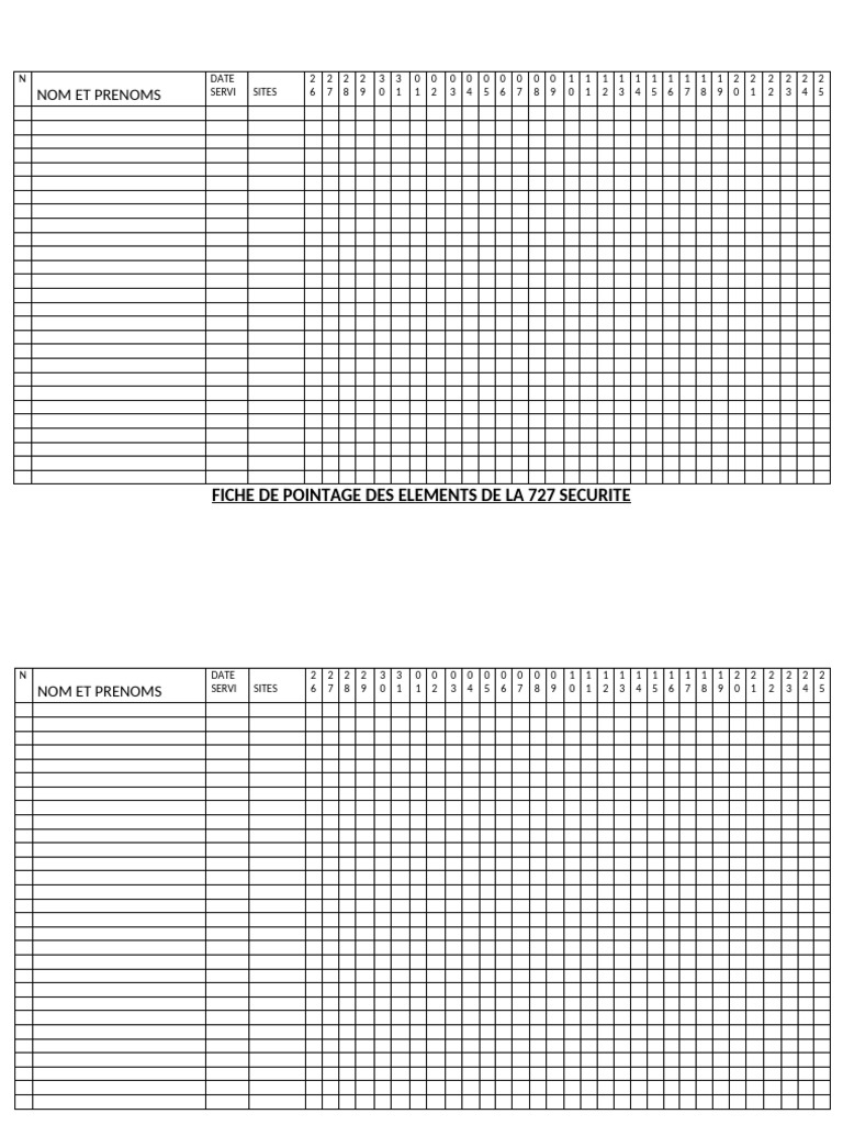 Fiche de Pointage Vierge à Imprimer | PDF