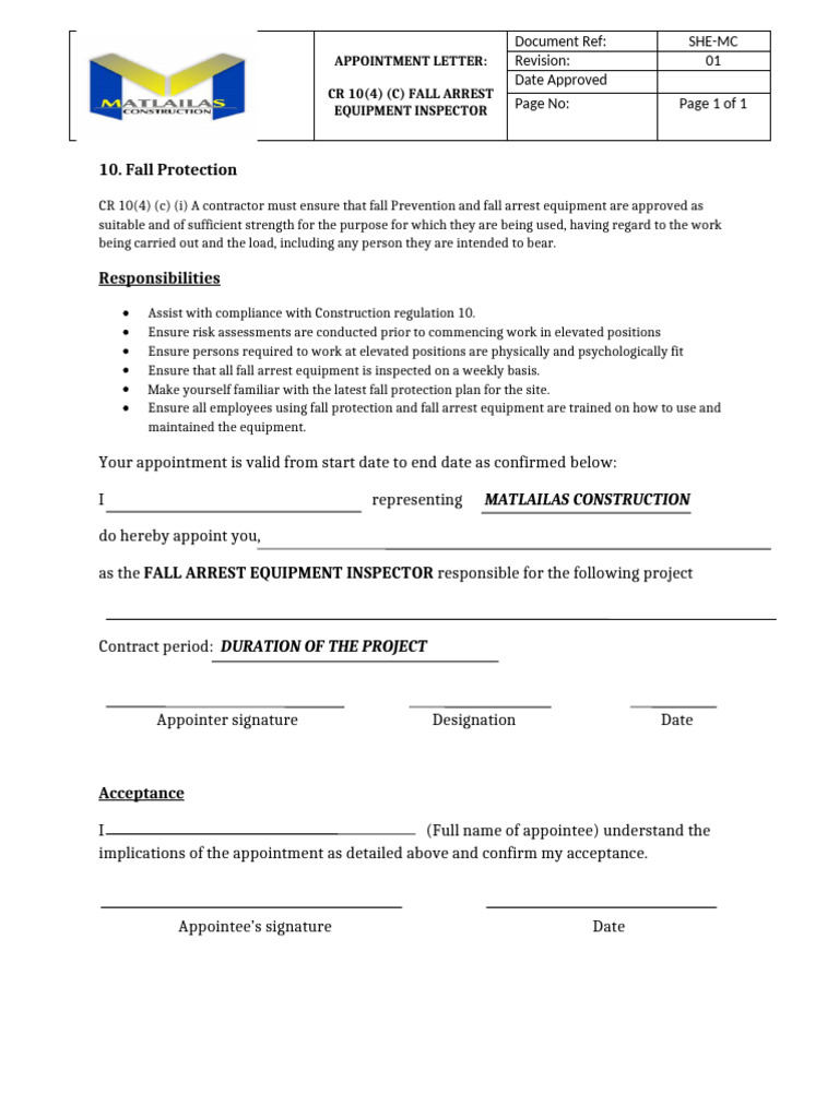Fall Arrest Equipment Inspector Appointment | PDF