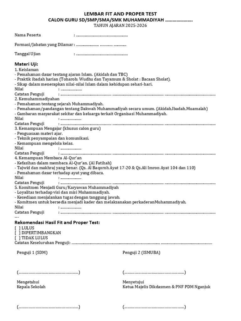 Fit and Proper Test Calon Guru Muhammadiyah | PDF