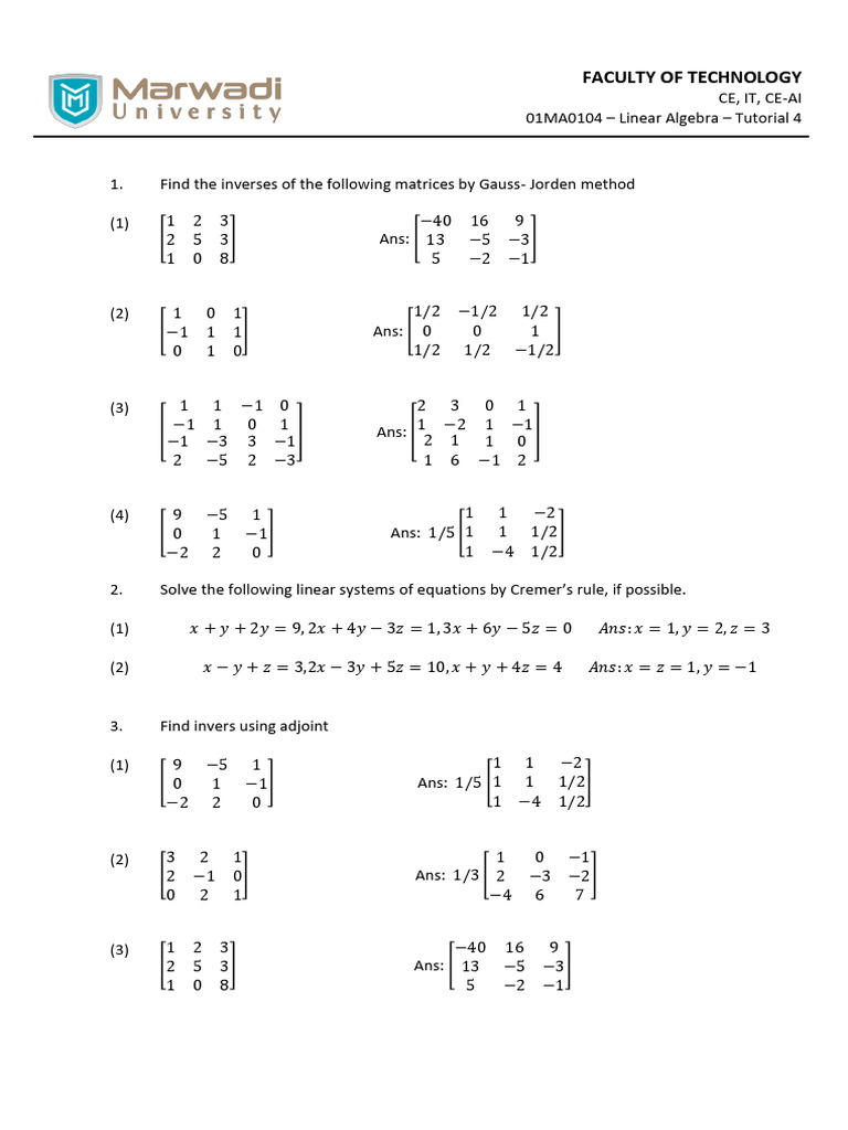 Linear Algebra Tutorial Solutions | PDF
