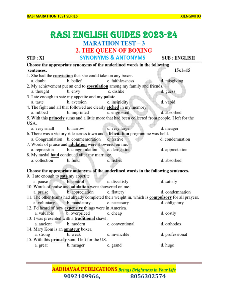 Class 11 Synonyms and Antonyms Test | PDF