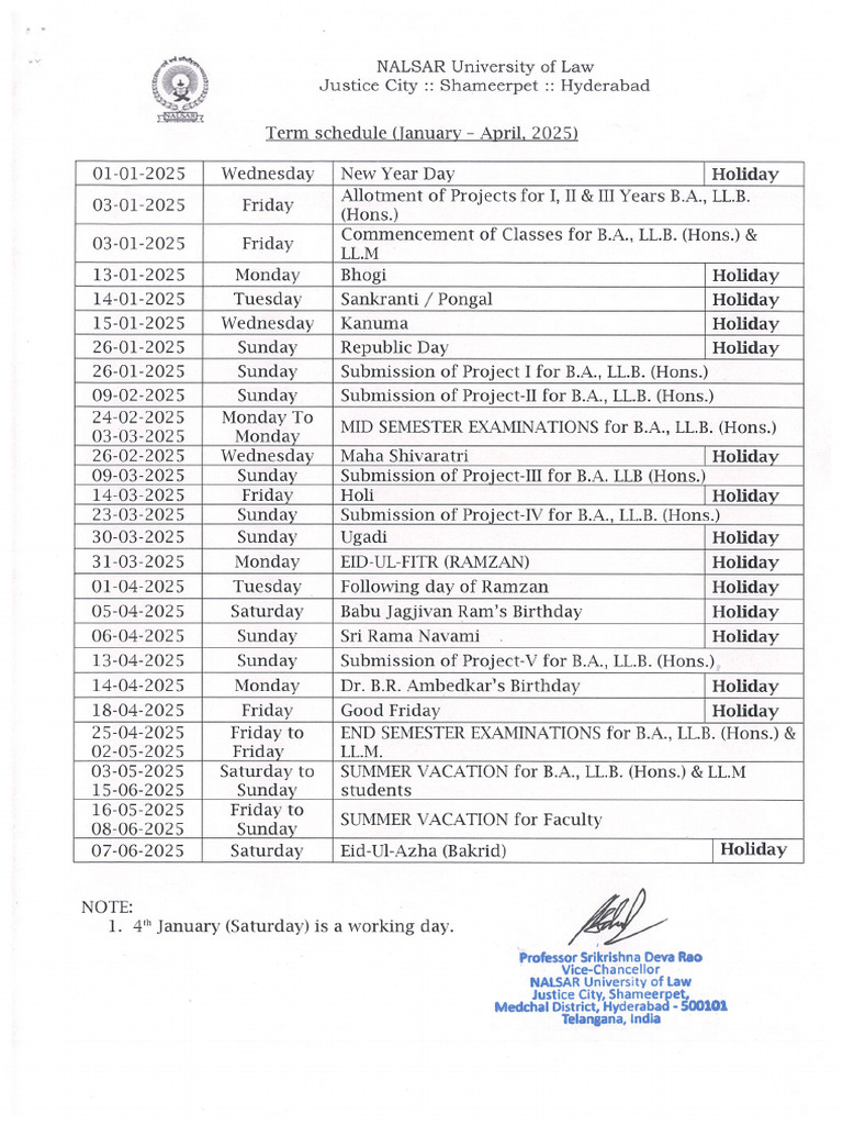 Semester Schedule For The Year 2025 Pdf