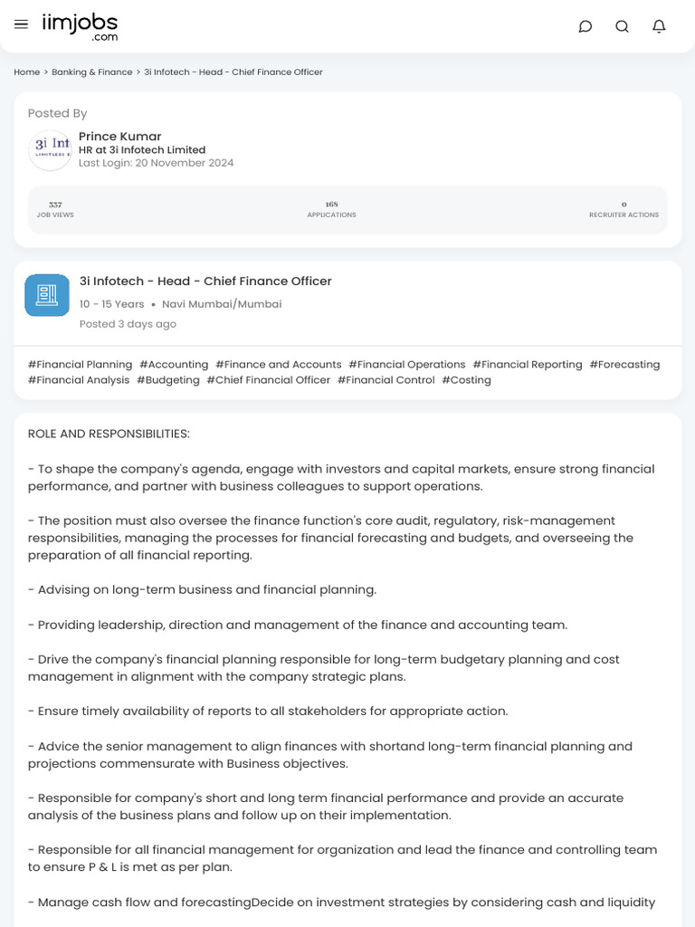 3i Infotech - Head - Chief Finance Officer | PDF | Risk Management ...