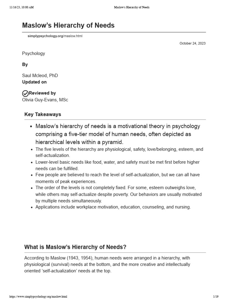 Maslow's Hierarchy of Needs | PDF | Self Actualization | Motivation