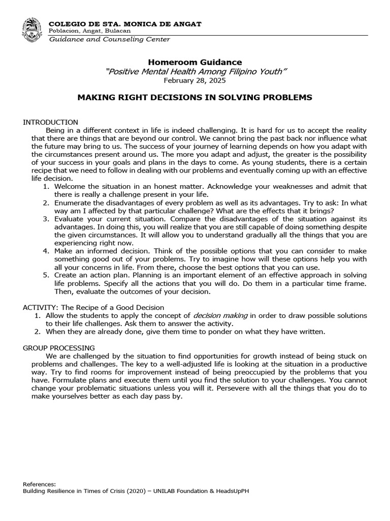 Homeroom Guidance Activity Feb 28 Pdf Psychology Behavioural Sciences