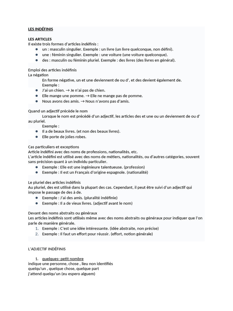 Articles et pronoms indéfinis en français | PDF | Nombre grammatical ...