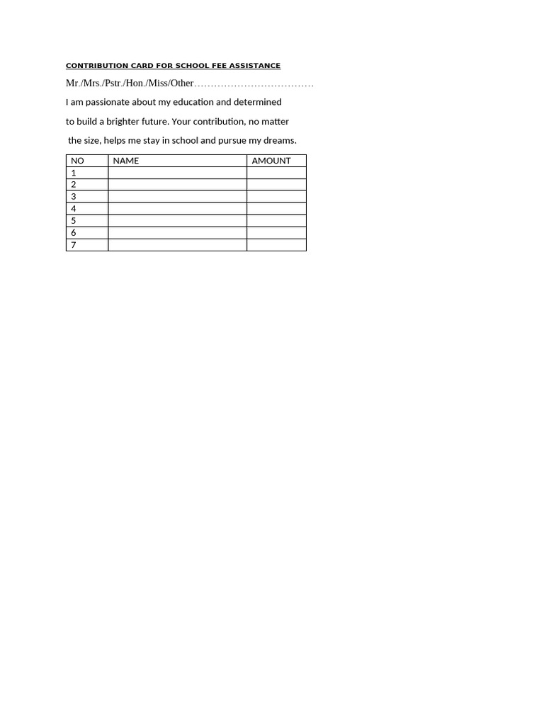 Contribution Card For School Fee Assistance | PDF