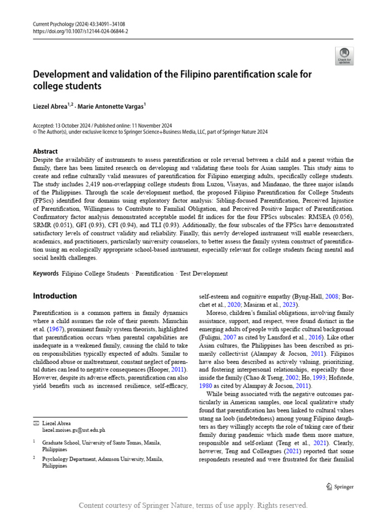 Filipino Parentification Scale Development | PDF | Psychometrics ...