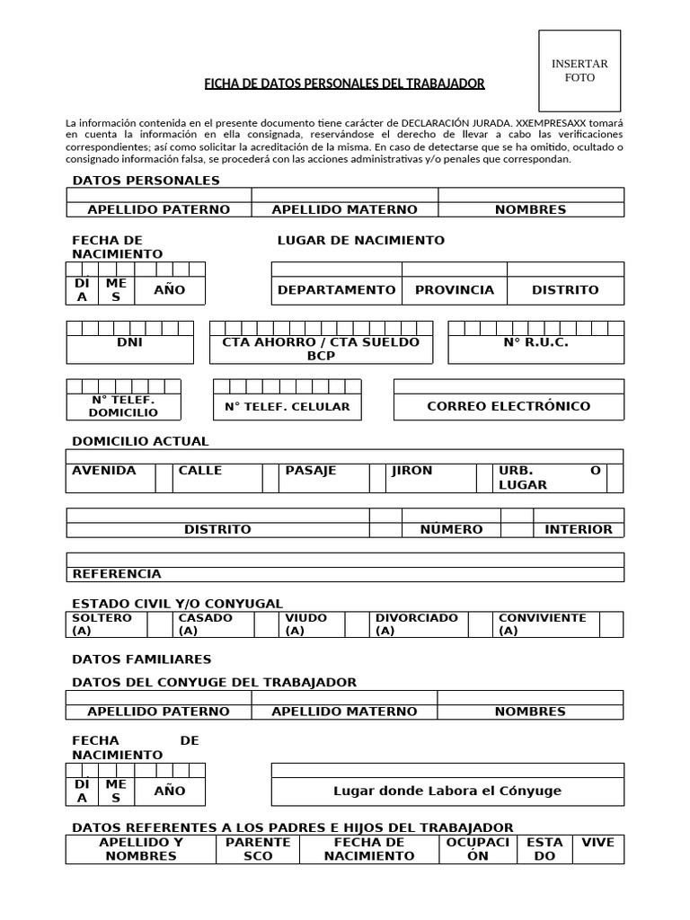 Ficha de Datos Personales Laborales | PDF