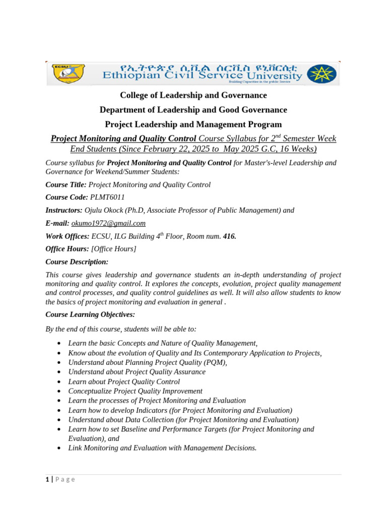 Project Monitoring & Quality Control Syllabus | PDF | Monitoring And ...