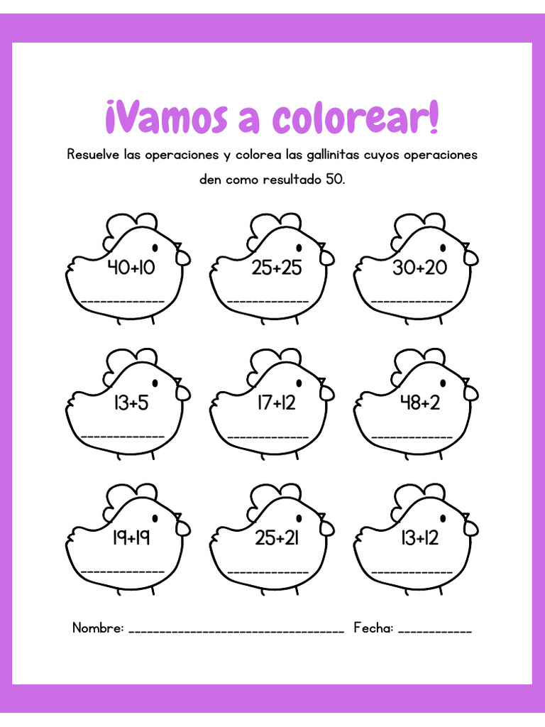 Hoja de Trabajo de Sumas Lúdicas Blanco y Morado para Colorear | PDF